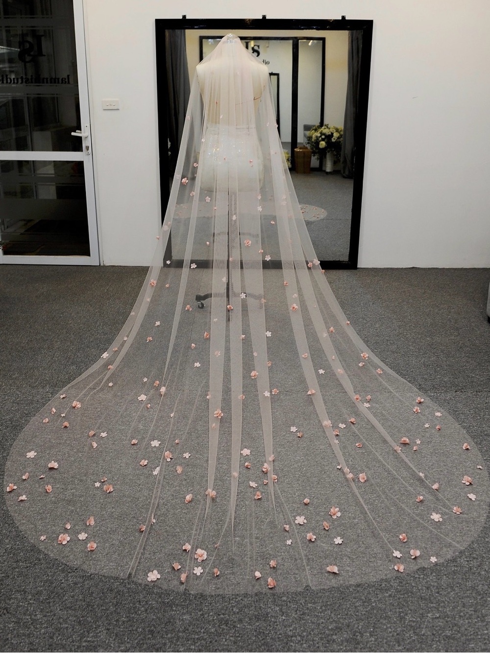 Sheer White Bridal Veil with Pink Floral Appliques